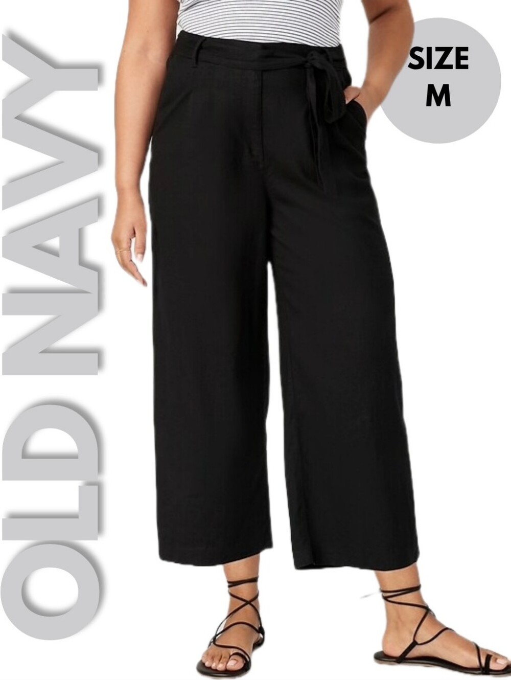 NWT Old Navy Black High-Waisted Linen Belted Cropped Wide-Leg Pants Size M